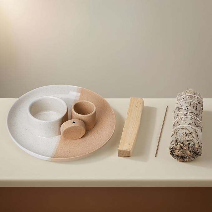 4 in 1 Incense Holder, Ceramic Incense Stick and Palo Santo Holder,Sage Holder for Burning- 5.5" Ceramic Ash Catcher Tray for Meditation and Yoga Room (Sun White Sand)