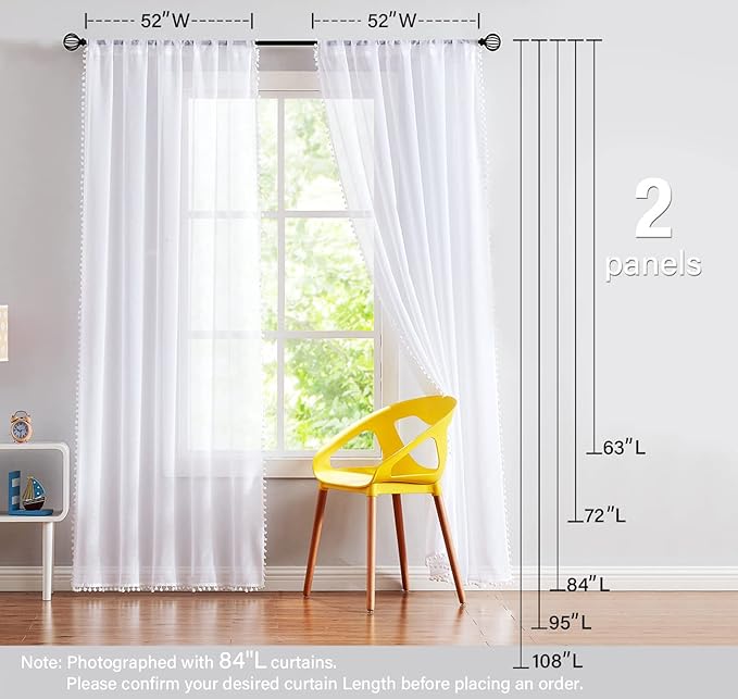 Treatmentex Pom-Pom Sheer White Curtains Extra Long 108-inch for Living Room, Slub Linen Textured White Sheer Window Drapes for Bedroom 2 Pack 52" w