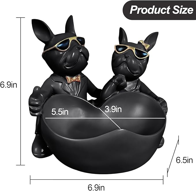 Bulldog Candy Bowl Decor,Heart-shaped Key Holder Bowl Candy Dish, Bulldog Lovers Accessories, Resin Bulldog Statue for Office Desk Home Decor Figurines Entryway Table Decor（Black）