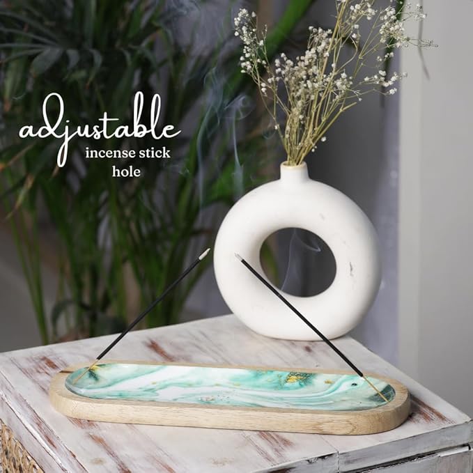 The Art Box Hand-Painted Incense Burner Holder Aquamarine - 12x4x1 inch Wooden Long Incense Stick Tray Holder for Modern Gift, Ash Catcher Incense Stick Holder - Meditation & Yoga