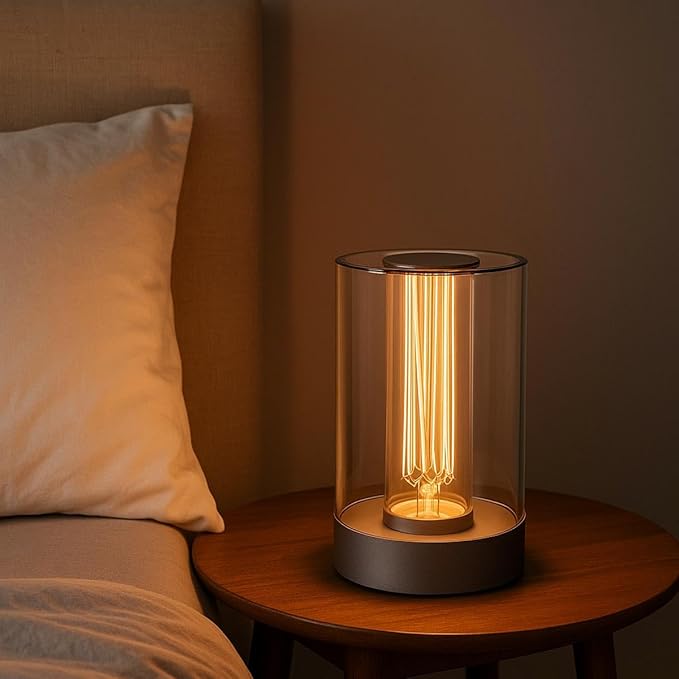 Cordless Table Lamp – Rechargeable Touch Control Bedside Lamp, Dimmable Warm White LED Light with USB-C Charging, 1800mAh Battery, Modern Silver Design, Etched Filament-Style Glow