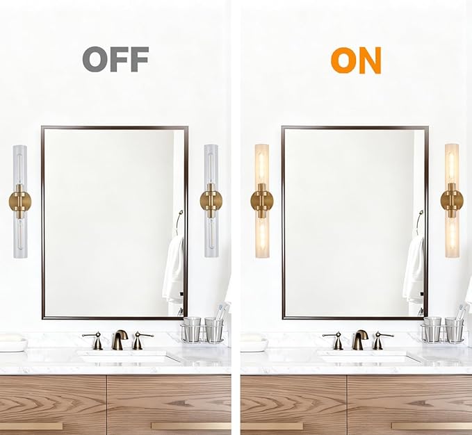 AT-VALY Wall Sconces Set of Two,Vanity Light Fixtures with Clear Glass,Modern Sconces Wall Decor for Bathroom, Living Room Mirror (Brushed Brass)