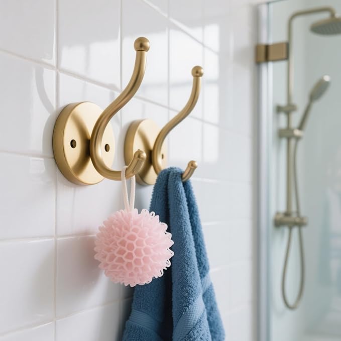Gold Wall Hooks, Brass Metal, Coat and Towel Hangers,Heavy-Duty Zinc Alloy Double Coat Hooks with Rust-Resistant Finish Solid Brass Hooks for Coat, Towel & Hat Storage, 2pack (Gold