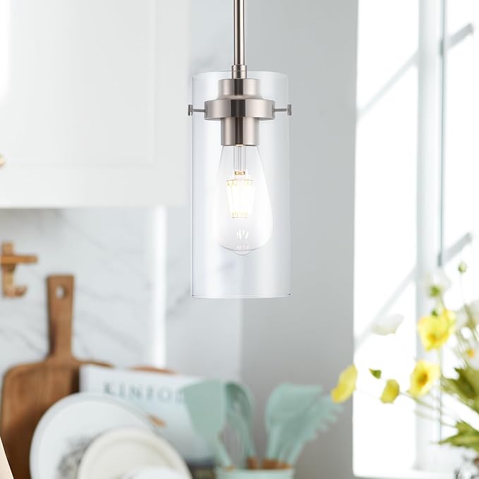 Pendant Light, Kitchen Lights Ceiling Hanging, Kitchen Light Fixtures Brushed Nickel Finish, Industrial Pendant Lighting for Kitchen Island (1 Pack)