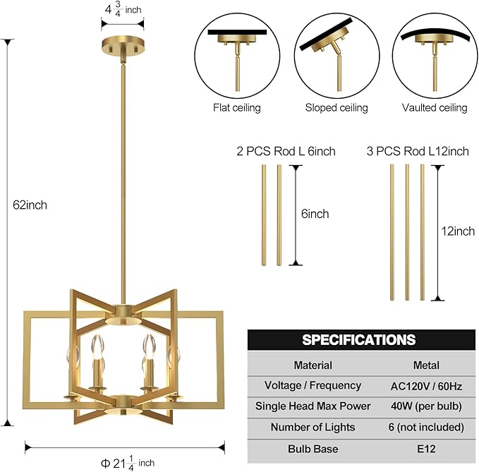 Modern Gold Chandelier, 6-Light Geometric Dining Room Light Fixture, Industrial Pendant Lights Kitchen Island, Hanging Metal Farmhouse Chandelier for Bedroom, Entryway, Foyer, Kitchen, Living Room