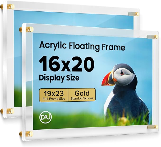 Acrylic Floating Frames Gold Standoffs(2-pack) 16" x 20" Clear Acrylic Frames for Wall Mount Floating Picture Frame, Diploma Poster Certificate Hanging Photo Display Degree Prints Artwork Documents