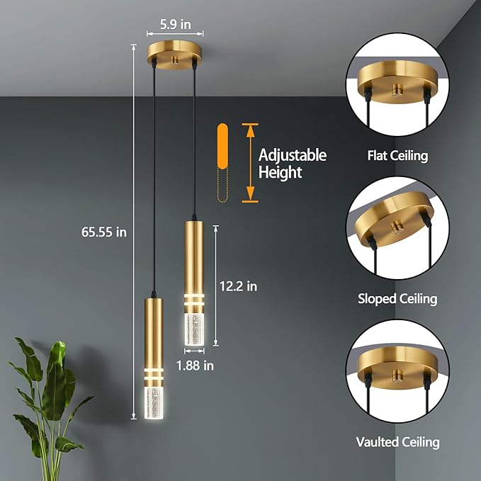 Pendant Lights Kitchen Island, Crystal Pendant Light Fixtures Mini 12W LED Modern Kitchen Pendant Lighting Over Sink and Living Room and Bedroom (Gold 2 Light)