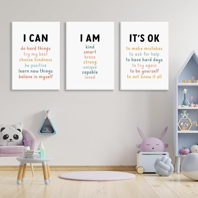 Kids Affirmation Wall Art Positive Canvas Wall Decor Inspirational Quotes Wall Art Motivational Words Pictures Daily Affirmations Poster Nursery Prints for Playroom Children Room 12x16x3 Inch Framed