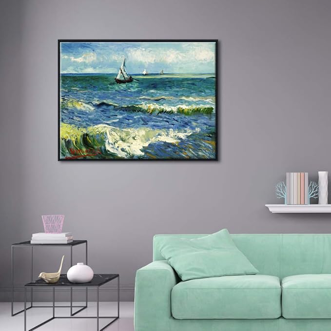 Wieco Art Framed Art Prints Seascape at Saintes Maries by Vincent Van Gogh Modern Canvas Prints Sea Pictures on Canvas Wall Art for Living Room Home Decorations Black Frame