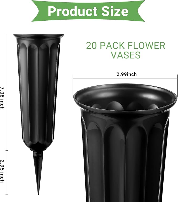 20 Pack Cemetery Vases with Spikes,Plastic Vases for Flowers,Grave Decorations for Cemetery,Grave Flower Holder,Memorial Floral Vase(Black)