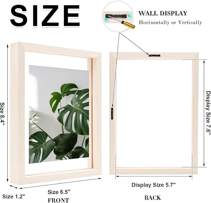 Egofine 6x8 Floating Frames Set of 2, Double Plexiglass Picture Frame, Made of Solid Wood Display Any Size Photo up to 6x8, Wall Mount or Tabletop Standing, Beige