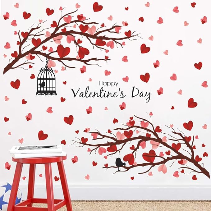 2 Sheet Valentine's Day Wall Decals Love Heart Wall Stickers Valentine's Day Pink Heart Tree Home Bedroom Decor Decals Peel and Stick for Valentines Wedding Anniversary Party Supply