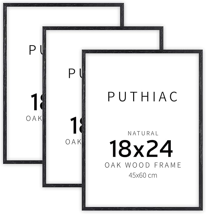 puthiac 18x24 Black Oak Wood Frames -18"x24" Poster Frames for Wall, 18x24 Picture Frames for Wall, 18 x 24 Picture Frames, 18 x 24 Frames for Wall (3 Pack, Black)