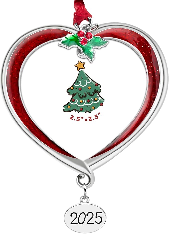 Christmas Tree Ornament Picture Frame Metal Hanging Pendant Holiday 2.5" Photo Frame Charm Decorative of Pets, Baby First Christmas, Family (2025 Red)