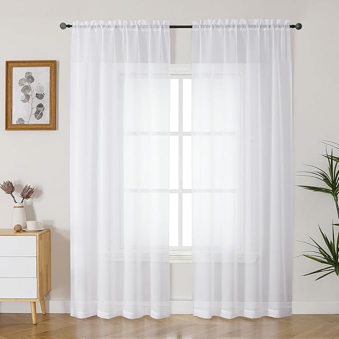 Gwine White Sheer Curtains 84 Inches Long 2 Panels Set for Living Room, Rod Pocket Voile Lightweight Bedroom Curtains, Light Filtering Solid Window Sheer Panels, Each 42" Wx84 L