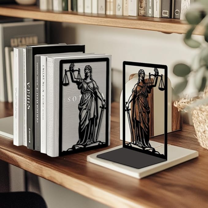 Peacoblue Metal Bookends for Shelves, Modern Decorative Heavy Duty Study Book Ends Stoppers for Office, Desk, Shelf, Room 5.3"x4.3"x7.9" Cast Iron Simple Tall Bookends 1 Pair (Justice Lady Themis)
