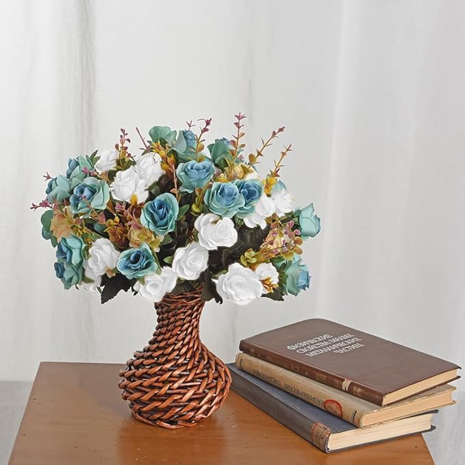 4 Bunches of Artificial Roses. 48 Small Roses. Plastic Silk Flower .Suitable for Plant Decoration of Family Hotel Wedding Christmas.（Peacock Blue）