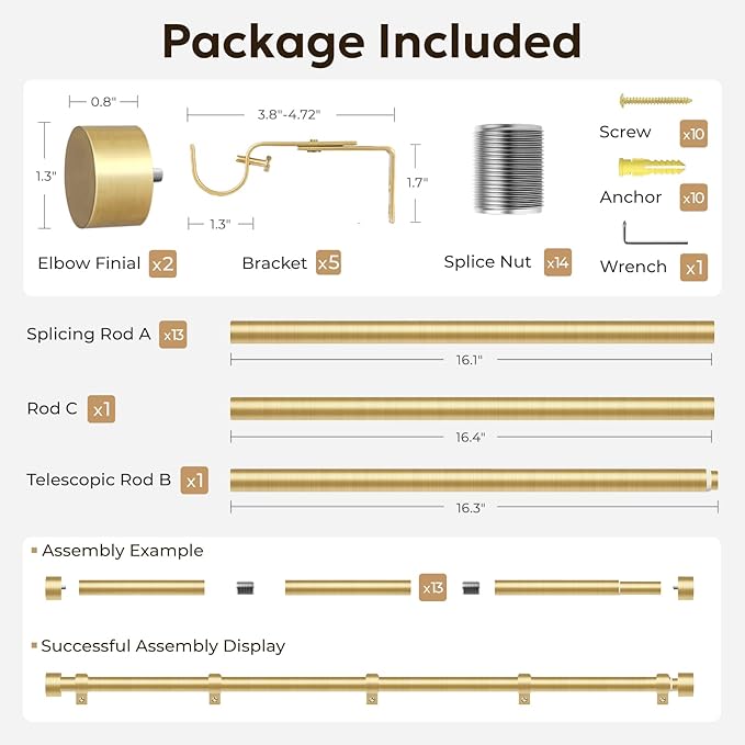 Zeerobee Curtain Rods for Windows 32 to 240, Brushed Gold Curtain Rod, Adjustable 1 Inch Heavy Duty Outdoor/Indoor Modern Drapery Pole, 32"-240"