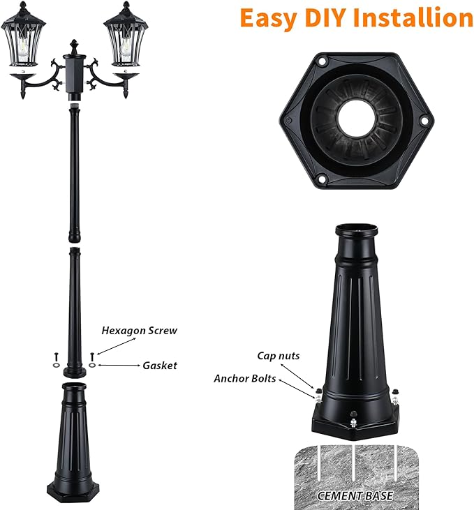 YSN 85" Solar Lamp Post Light, Dusk to Dawn Lamp Posts Outdoor Lighting, 2-Head Solar Pole Lights Outdoor Post Lights, Retro Black Exterior Pole Lantern, Waterproof Light Posts for Outside Garden Yard