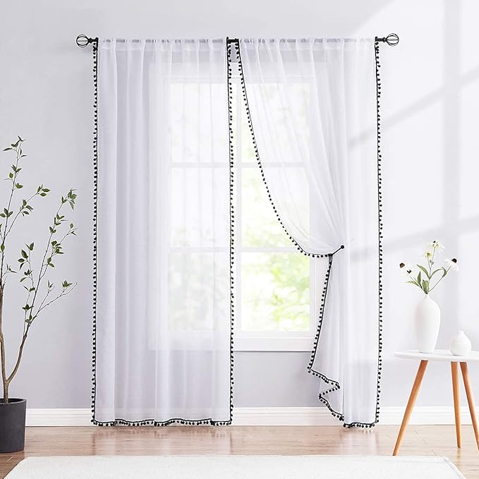 Treatmentex White Sheer Curtains Black Pompoms 63" inches Long Window Draperies for Boy's Room Bed Canopy 2 Panels Rod Pocket