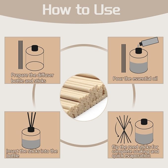 100PCS Aromatherapy Volatile Sticks，Reed Diffuser Sticks 3mm in Diameter, Rattan Wood Sticks Essential Oil Aroma Diffuser Sticks Refill Replacement for Aroma Fragrance (Brown, 8 in)