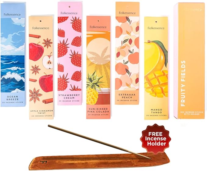 Folkulture Incense Sticks with Holder | Set of 6 (120) Organic Xmas Insence-Sticks | 45 Mins Burn Time | Strawberry, Mango, Ocean Breeze, Pineapple Incenses or Xmas Scents for Women