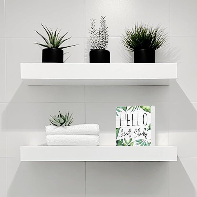 LVQHI Cute Bathroom Shelf Decor, Hello Sweet Cheeks Sign Wooden Box for Shelves Toilet Restroom Tabletop Decoration, Funny Green Plant Bathroom Sign Decor,5'' L x 5" H ﻿
