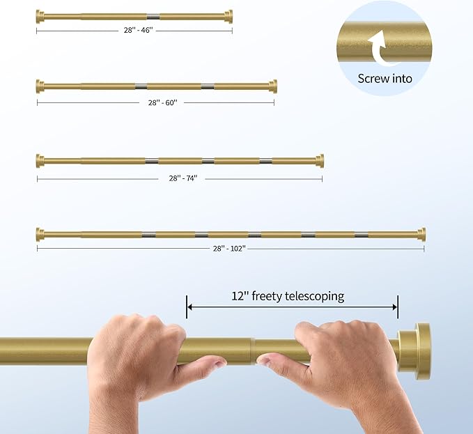 Shower Curtain Rod, 1" Diameter Heavy Duty Tension Shower Rod, Non Slip Adjustable 28-102 inch No Drilling Shower Curtain Rods Spring Tension For Bathroom, Shower Stall, No Rust, Chrome Gold