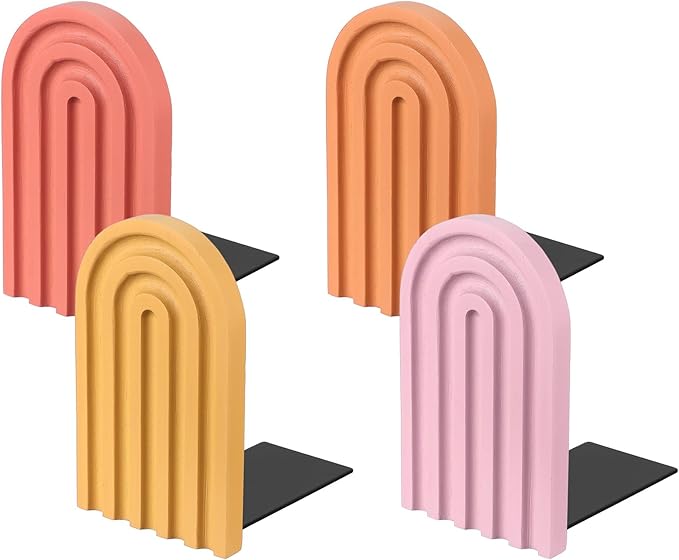 PATIKIL 4Pcs Boho Arch Bookends, Non-Skid Wood Book Ends Rainbow Wooden for Shelves Book Stopper Stand Cute for Holding Books Movie Home Office Library Decorative, Red/Yellow/Orange/Pink