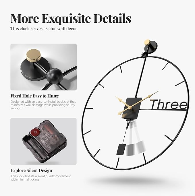 30 inch Large Wall Clocks Battery Operated Wall Clock with Pendulum, Silent Non-Ticking Metal Clock for Living Room Decor, Modern Decorative Hanging Clock for Bedroom, Office, Kitchen, Home
