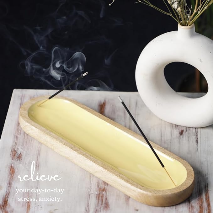 The Art Box Wooden Yellow Incense Burner Holder, Modern Ash Catcher - Insense Tray for Table Décorations Meditation & Yoga - Great Gift for Any Occasion - 11x4 Inch