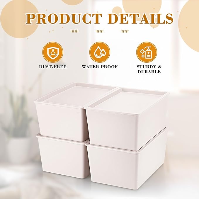 Menkxi 4 Pcs Storage Bins with Lids Plastic Stackable Containers for Organizing Shelves Christmas Ornament Box Baskets(Beige,Small)