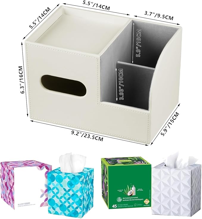 PU Leather Tissue Box Cover Square,Tissue Box Holder Organizer with Storage Tray and Remote Control Holder for Bathroom Countertop Night Stands Bedroom Office Desk,Napkin Caddy Decorative White