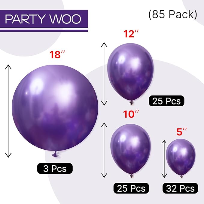 PartyWoo Metallic Purple Balloons 85 pcs Different Sizes of 18 12 10 5 Inch Chrome Purple Latex Helium Balloon Arch Kit Garland for Mardi Gras Wedding Birthday Party Decorations Purple-G105