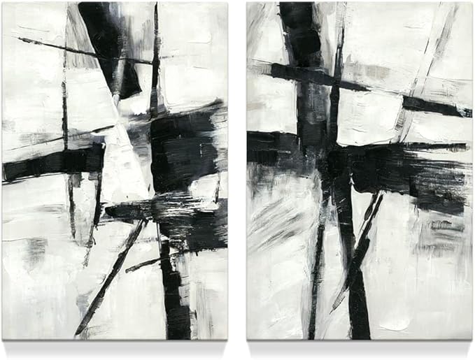 Black and White Abstract Wall Art: Modern Textured Painting Black & White Stroke Graffiti Canvas Picture Prints Contemporary Large Artwork for Bathroom