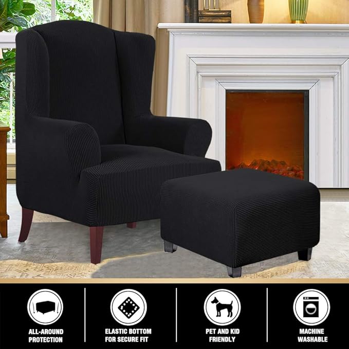 PrinceDeco Stretch Ottoman Cover Ottoman Slipcovers Square for Living Room Foot Stool Stretch Covers to Fit Ottoman Foot Rest, Thick Checked Jacquard Fabric with Elastic Bottom (Medium Size, Black)