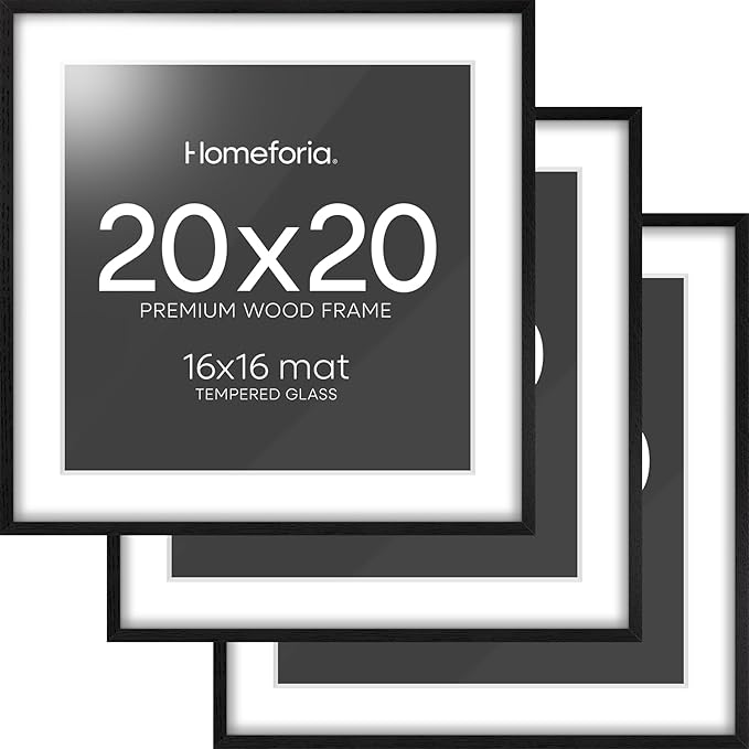 Homeforia 20x20 Black Wood Frame, High End Oak 20 x 20 Square Picture Frames with Mat 16 by 16 inches Photo, 20by20 Black Wooden Poster Frames Matted to 16x16 Print, Tempered Glass, Wall Kit, Set of 3
