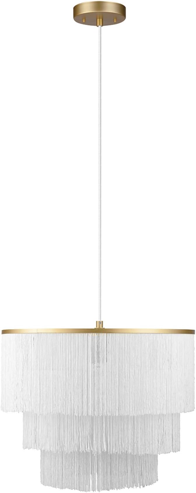 GLOBE Electric x Novogratz 61093 1-Light Pendant Light Fixture, Matte Gold, White Fabric Fringe Shade, Living Room Pendant Light, Dining Room Fixture, Hanging Lights for Bedroom, Hygge Lighting