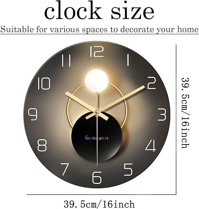 Large Wall Clocks Battery Operated 16 Inch Round Glass Analog Wall Clock Silent Black and Glod Quartz Wall Clock for Bedroom