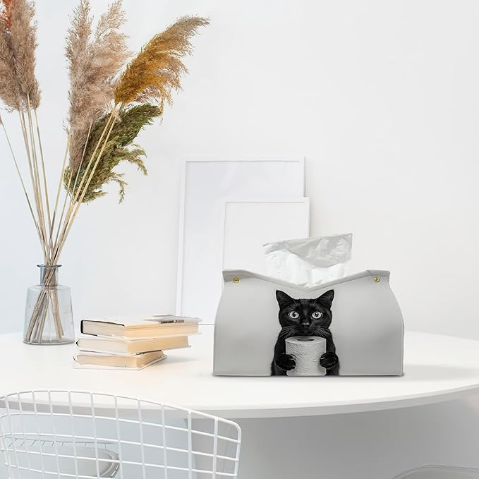 Cute Black Cat Leather Tissue Box Cover for Bathroom Decor,Fun Cat Toilet Paper Box Holder,Funny Decorative Facial Paper Case for Living Room Bathroom Office Desk,9.8x5.9x5.9In