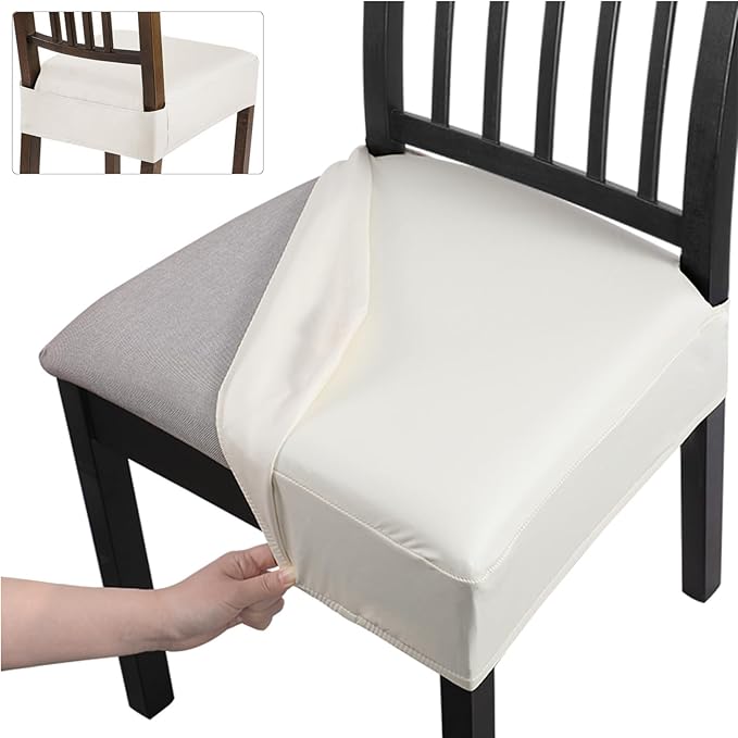 SearchI Waterproof PU Dining Chair Seat Covers Set of 4, Soft Removable Washable Seat Covers for Dining Chairs, Dining Room Seat Cover Protector (Rear-Covered, PU Cream)