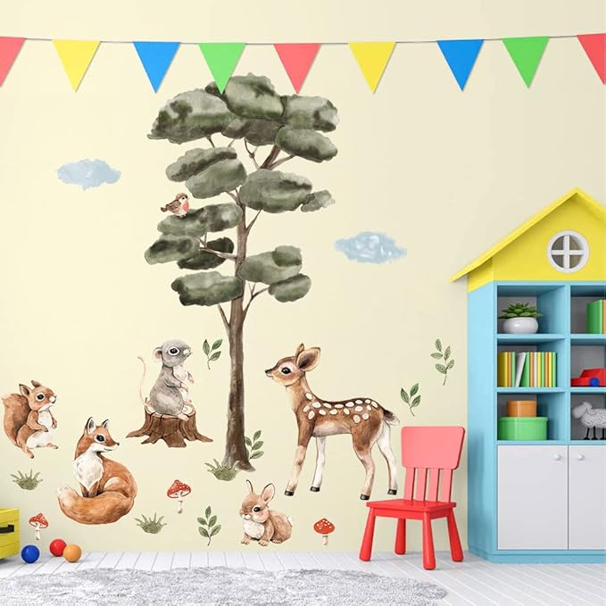 Amaonm 2 Sheet of 12x24 inch Watercolor Forest Tree Wall Decal Woodland Deer Squirrel Fox Wall Stickers 3D DIY Peel and Stick Jungle Wild Animal Pine Wall Decor for Kids Boys Bedroom Playroom Living Room Classroom Decoration (Tree animal)