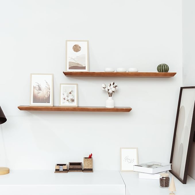 Solid Pine Wood Floating Shelves - Bathroom & Bedroom/Living Room - Set of 2 (Walnut Color) - 36x6.7x1.2 inch