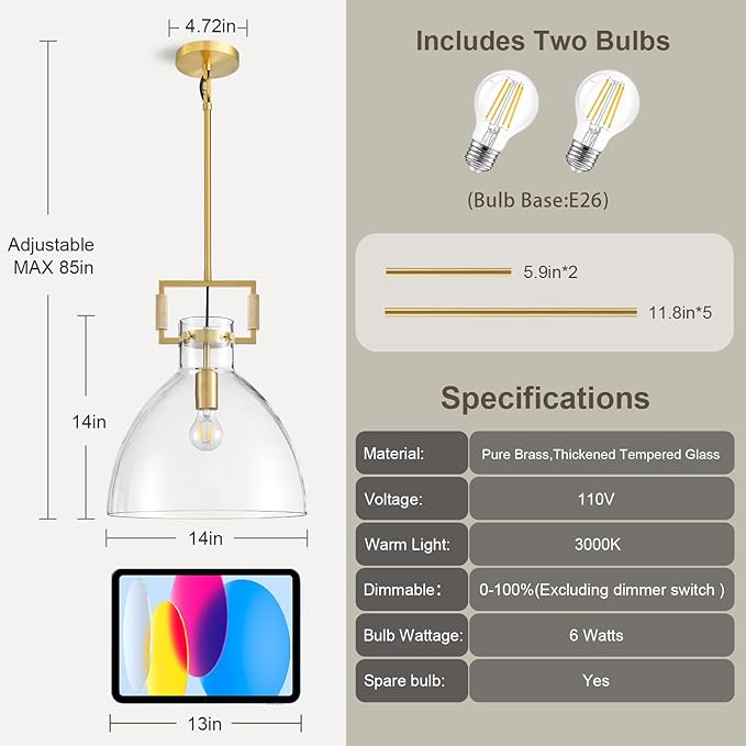 Mondern Large Brass Kitchen Island Pendant Light, 14 '' W 1-Light Glass and Gold Island Pendant Lights,Farmhouses Pendant Light, for Kitchen,Dining Room,Bathroom,Included 2 Bulb