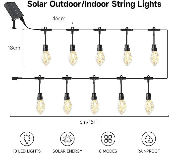 15FT Solar String Lights Waterproof for Outdoor, Patio Lights Solar Powered with USB Port, LED Shatterproof Bulbs,8 Lighting Modes,Solar Light for Camping Backyard Garden(Star Fruit-Warm White)