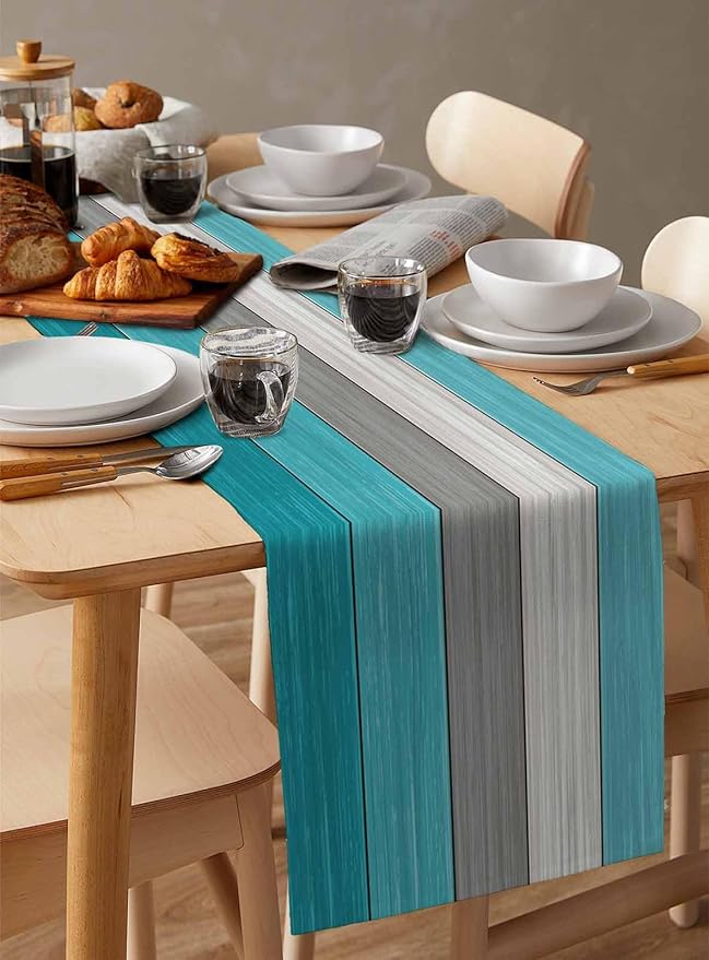 Vandarllin Farmhouse Cotton Linen Table Runner Dresser Scarf Retro Rustic Barn Wood Texture Ombre Aqua Blue Gray Non-Slip Rectangle Settings Decoration for Kitchen Home Dining Holiday,72 inches Long