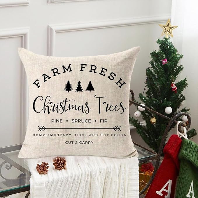 MFGNEH Farm Fresh Christmas Trees Cotton Linen Throw Pillow Covers Christmas Decor Cushion Case 16 x 16 Inch for Sofa,Xmas Pillow Covers