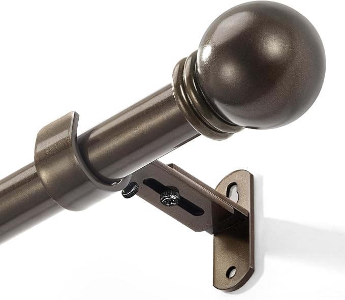 Curtain Rods for Windows 16 to 48 Inches, Curtain Rod Max Adjustable Length of 60 IN, 1" Diameter Drapery Rods Round Finials, Brown, Pack of 1