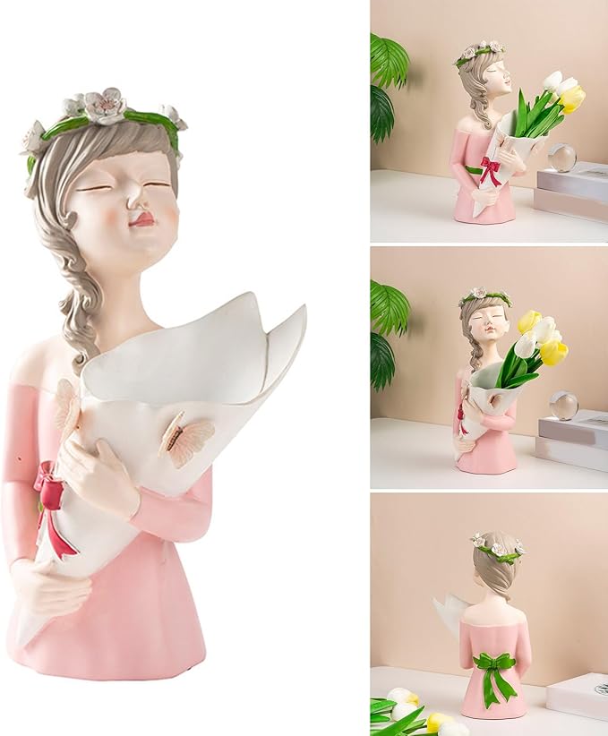 Modern Girl Figurine Flower Vases Plant Pots Resins Sculpture Flower Arrangement Container for Living Room Decoration