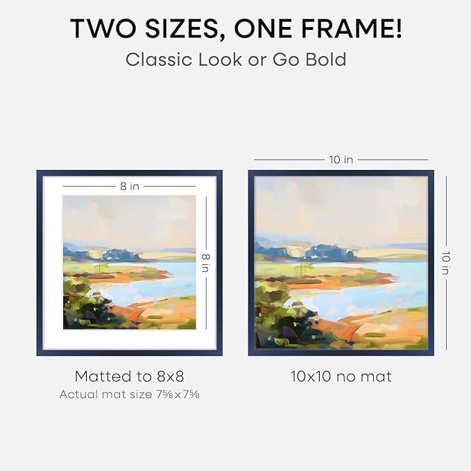Homeforia 10x10 Picture Frame Navy Blue, High End Metal 10 by 10 Square Frames with Mat 8 x 8 Photo, 10by10 Poster Frame Matted to 8x8 Print, Wall or Tabletop Frame, Tempered Glass, Wall Kit, Set of 2